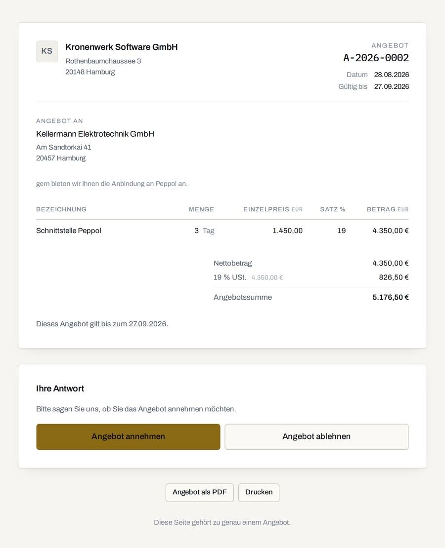 Die Angebotsseite, wie ein Kunde sie sieht: Absender, Empfänger, die Positionen, die Summe und zwei Schaltflächen — Angebot annehmen oder ablehnen.
