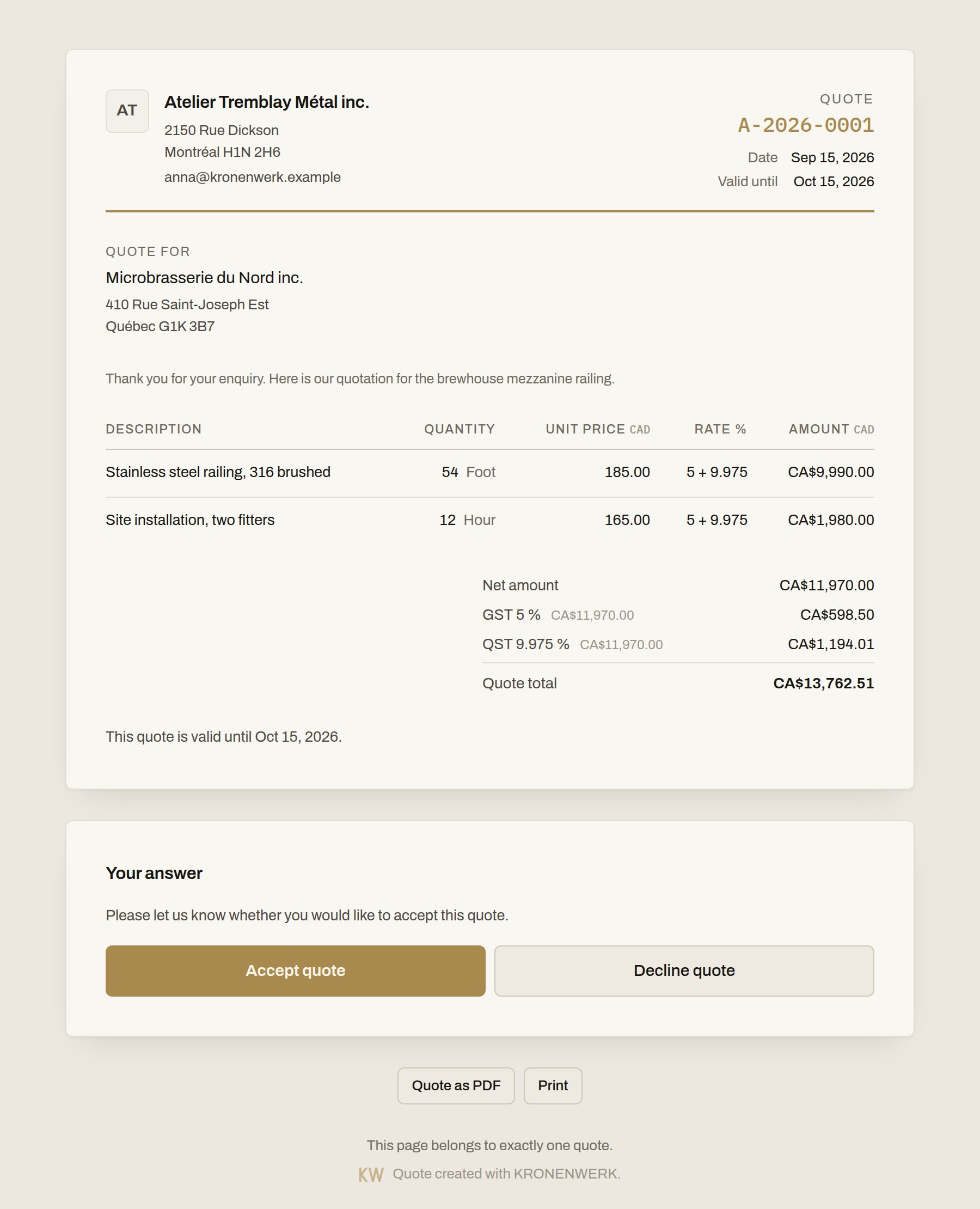 The quote page as a customer sees it: sender, recipient, the line items, GST and QST as two lines, the total and two buttons — accept or decline.