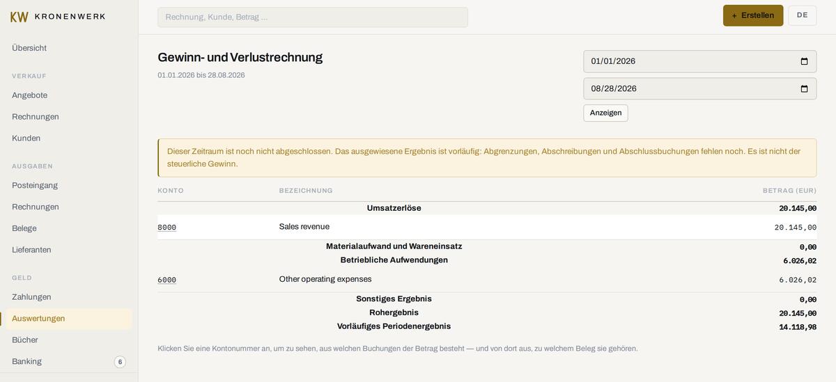 Die Gewinn- und Verlustrechnung in KRONENWERK, mit Umsatzerlösen, betrieblichen Aufwendungen und einem vorläufigen Periodenergebnis, über allem ein Hinweis, dass der Zeitraum noch nicht abgeschlossen ist.
