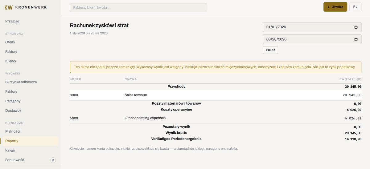 Rachunek zysków i strat w KRONENWERK, z przychodami, kosztami operacyjnymi i wstępnym wynikiem okresu, a nad tym informacja, że okres nie został jeszcze zamknięty.