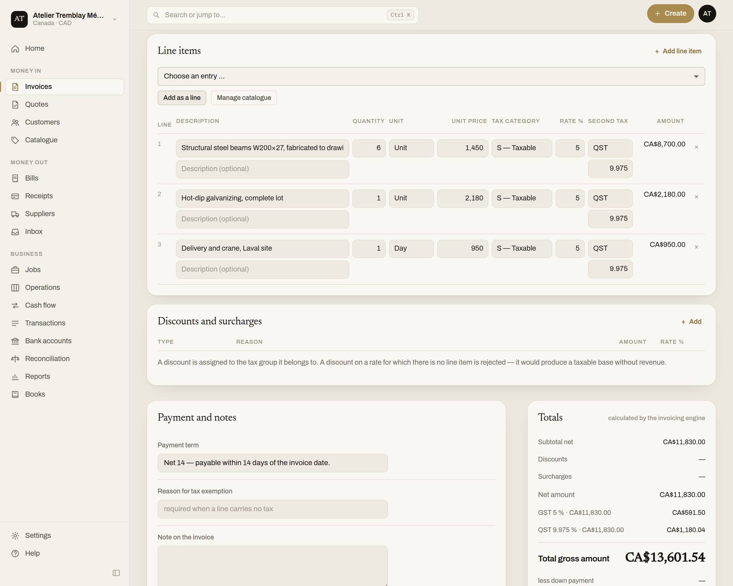 The invoice draft in KRONENWERK: three lines with quantity, unit, unit price, tax category, the GST rate and the QST beside it, and on the right the totals the engine computes — net, GST, QST, gross.