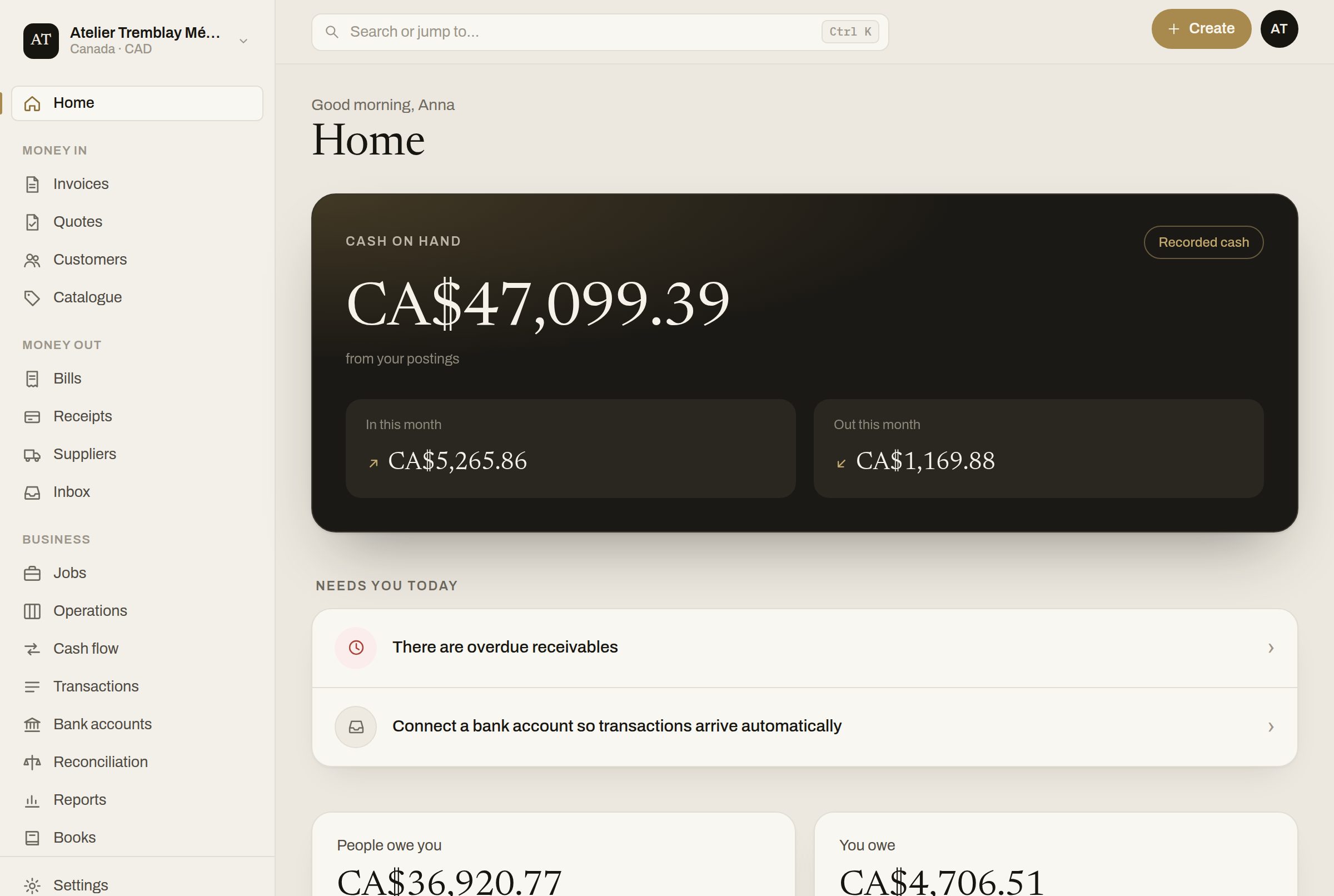 The KRONENWERK home screen: cash on hand from the ledger, money in and out this month, what needs attention today, what customers owe you and what you owe.